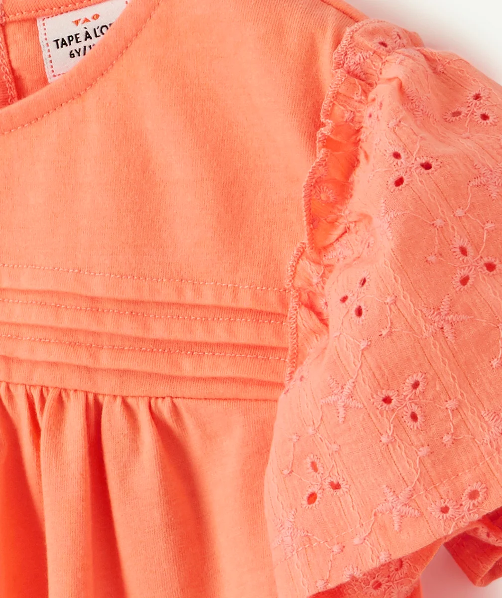 T-SHIRT FILLE EN COTON ROSE AVEC BRODERIE ANGLAISE