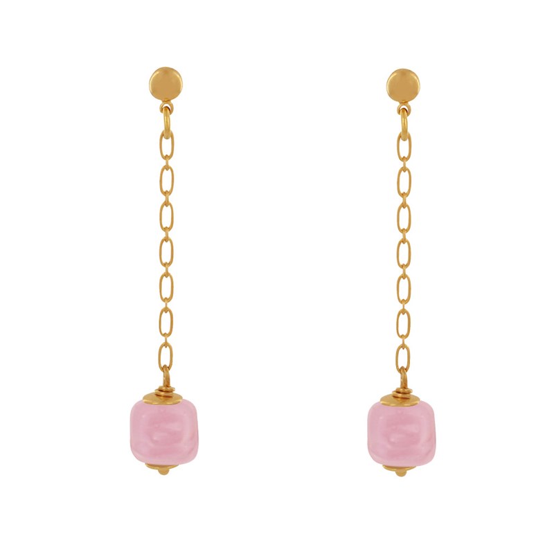 Boucles d'Oreilles Chainette Laiton Doré et Cube en Céramique