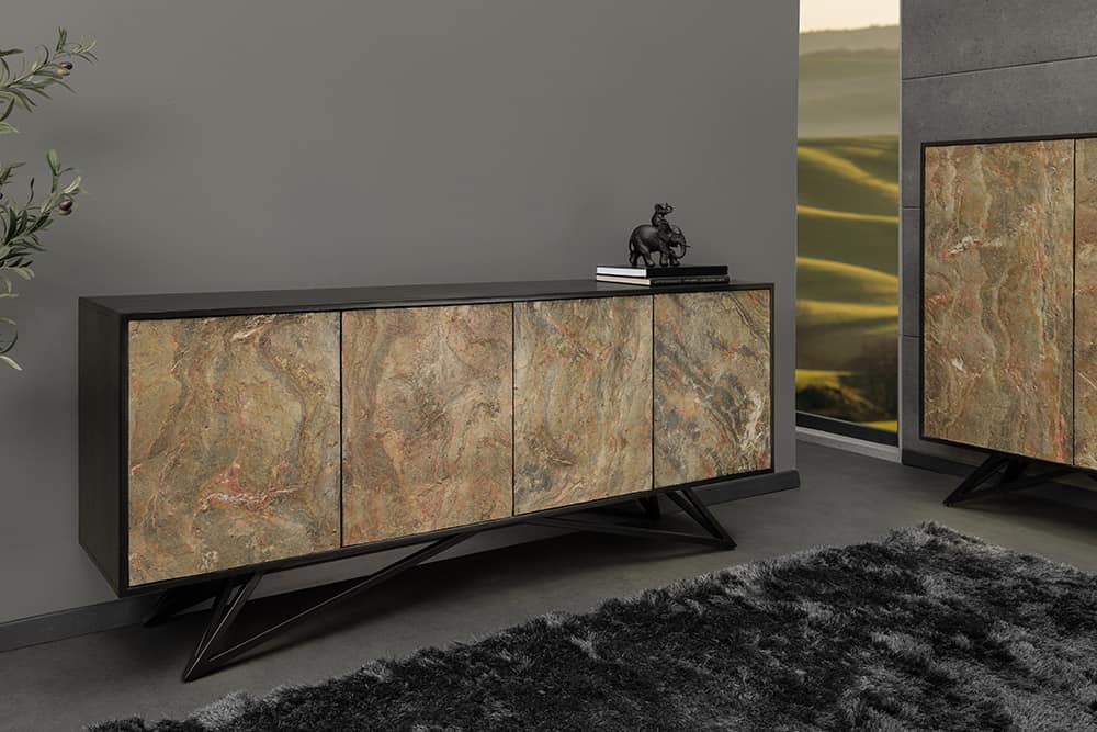 Massivholz Sideboard MOUNTAIN SOUL 175cm grau grün Naturstein Akazie schwarz