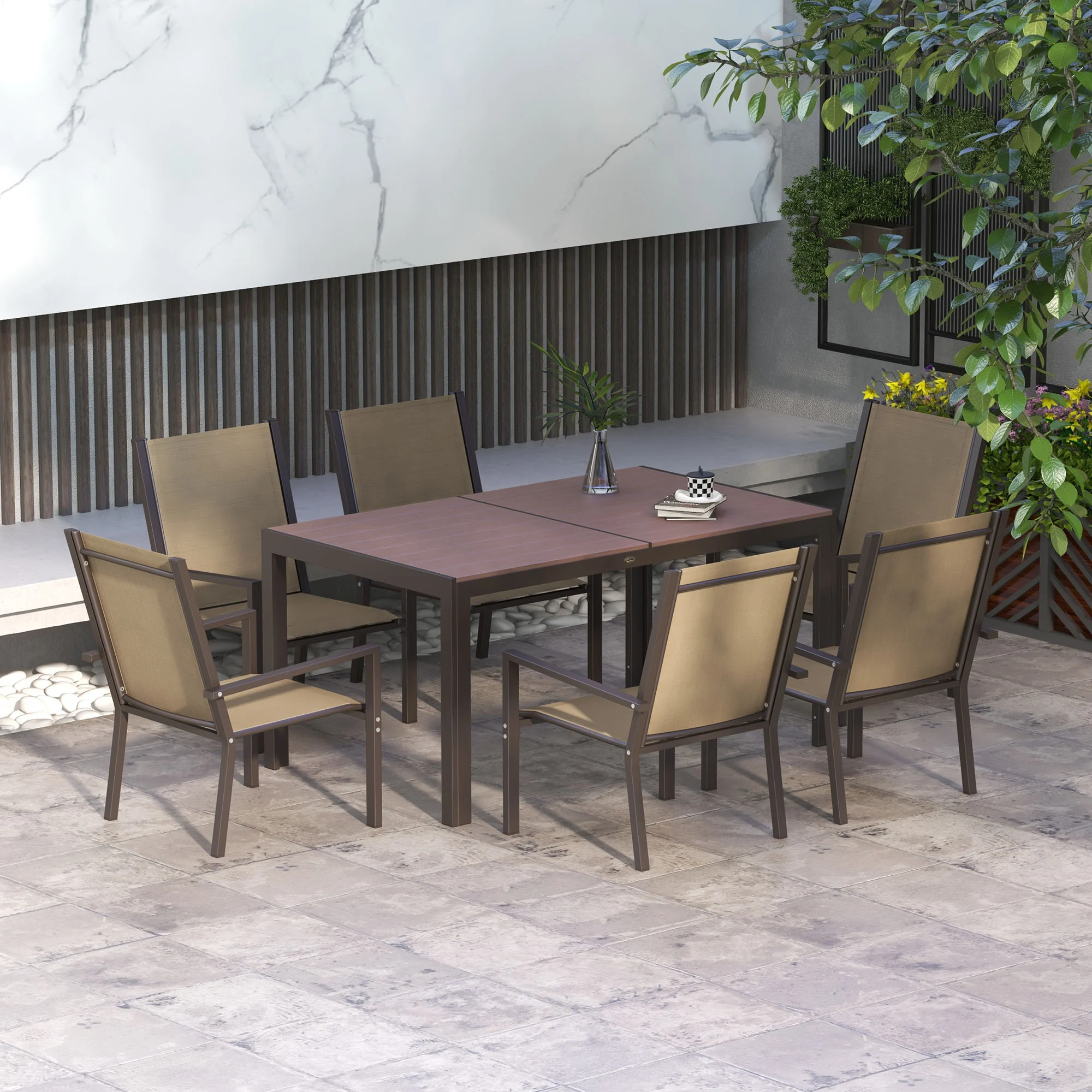 Conjunto de jantar para exterior Outsunny de 7 peças, mesa e 6 cadeiras de jardim empilháveis com estrutura de aço para pátio ou terraço, cor cáqui.