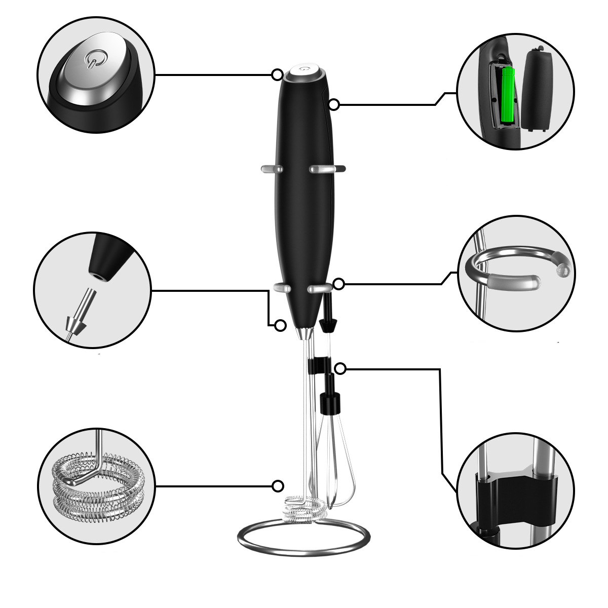(4-tlg. Set) 250x65mm Elektrischer Hand Mixer Milch Aufschäumer Kabelloser Schneebesen inkl. Halterung   Aufsätze (Batteriebetrieben) - Schwarz