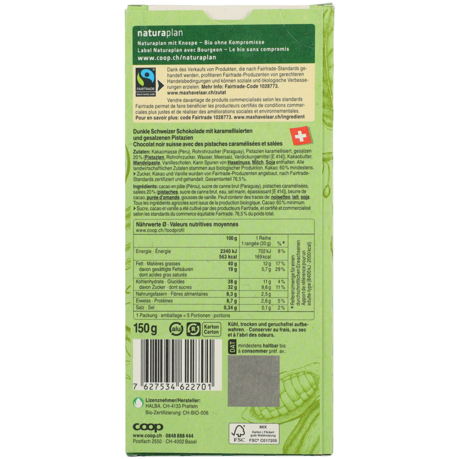 Naturaplan Bio Fairtrade Tafelschokolade dunkel Pistazien gesalzen