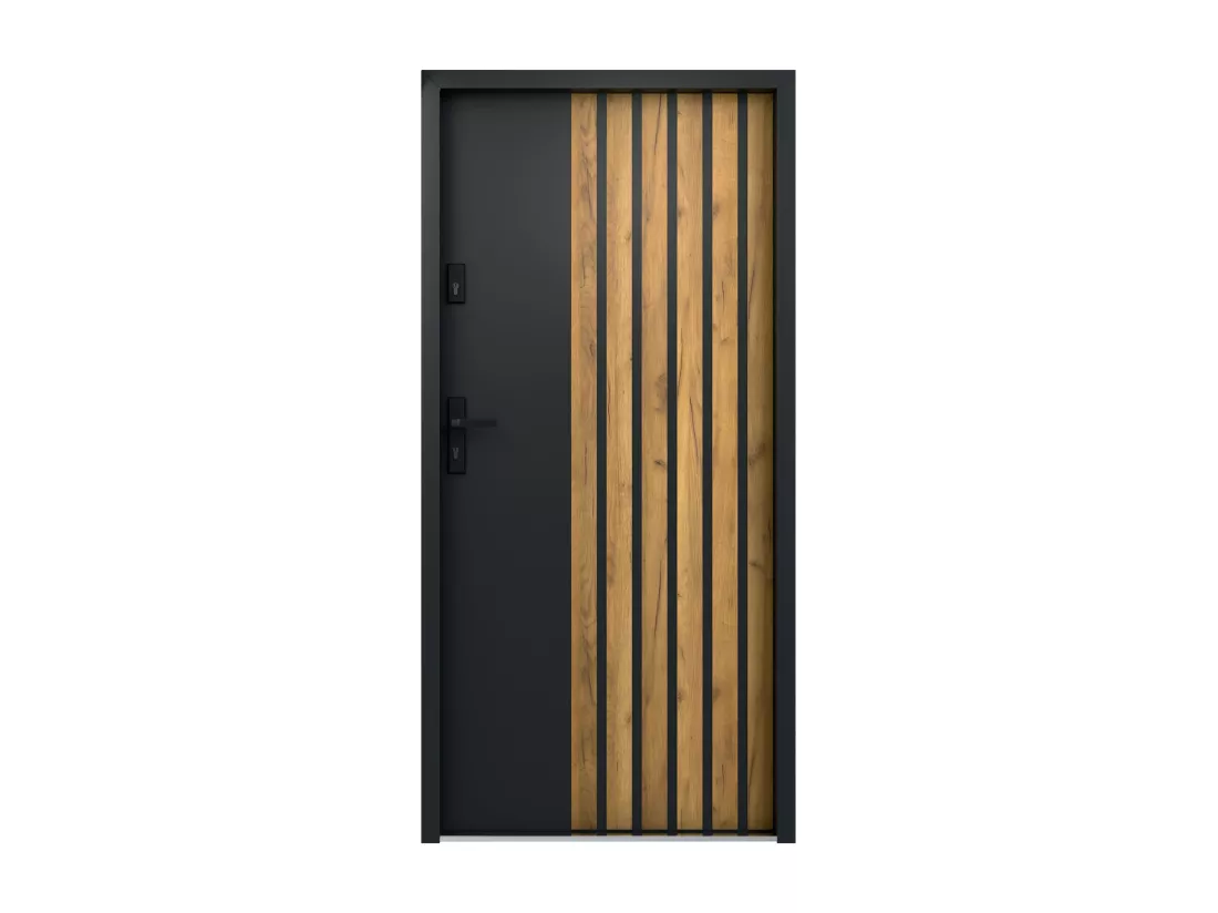 Porte d'entrée pleine en acier H207 x L100 cm - Noir avec rayures effet chêne - poussant droit - COBRITA