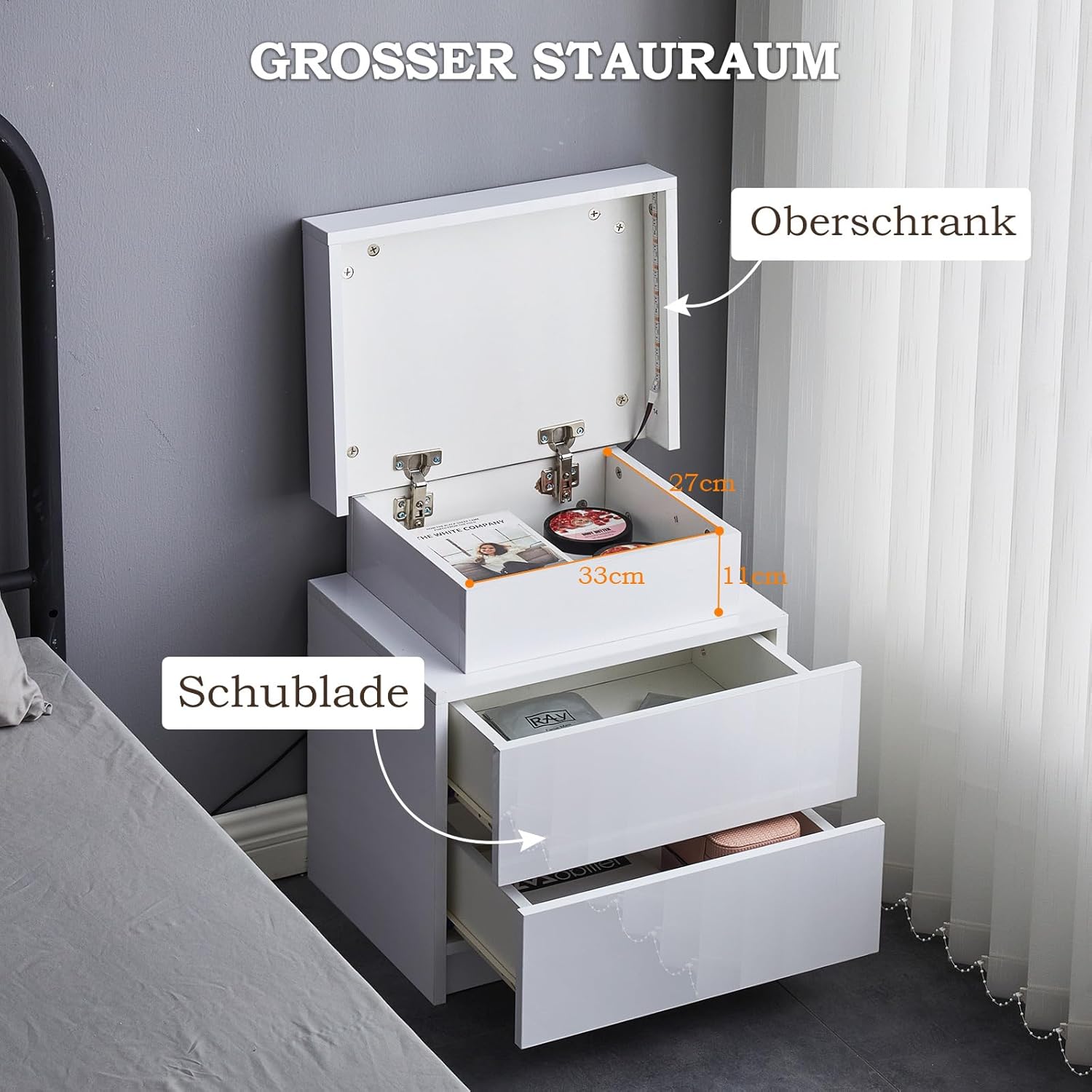 TUKAILAI 2X Nachttisch Weiß mit RGB Led Licht 2 Schubladen Nachtschrank Holz Beistelltisch Organizer Einheit Nachtkonsole Nachtkommode für Schlafzimmer Wohnzimmer
