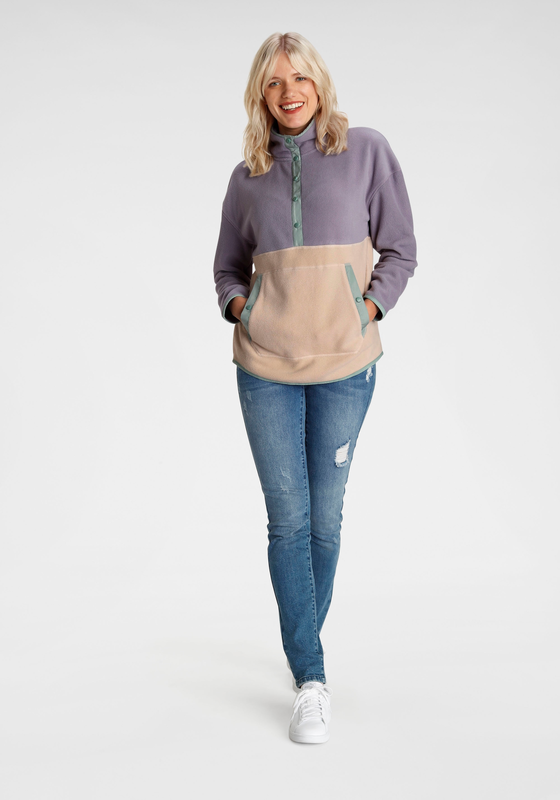 Polarino Fleecepullover , mit Colourblocking-Optik,  mit Kängurutasche,  aus Fleecestoff