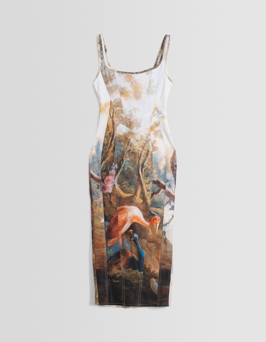 Vestido midi estampado com alças finas