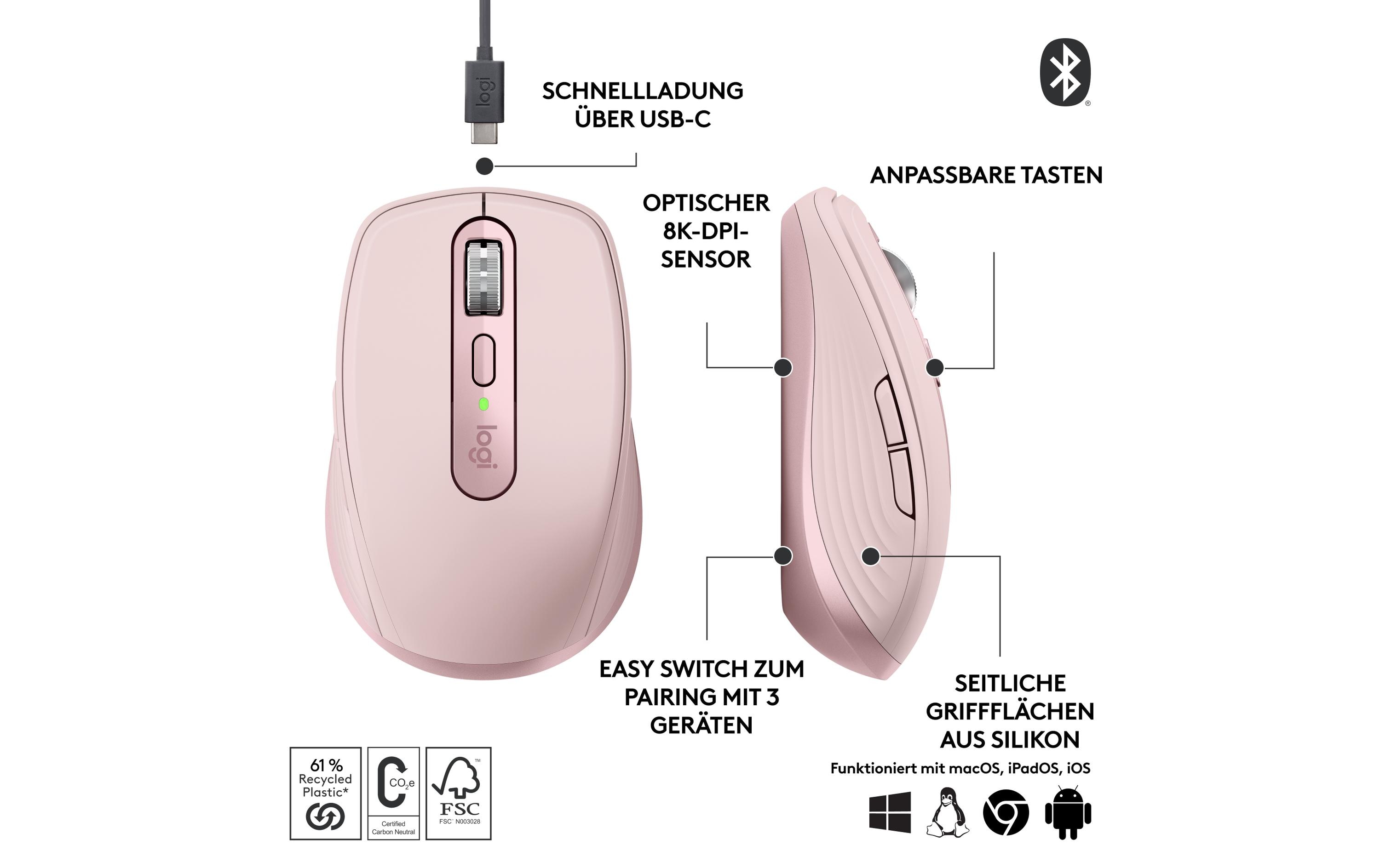 Mobile Maus MX Anywhere 3s RoseKompakte kabellose Performance-Maus mit 8K DPI-Sensor