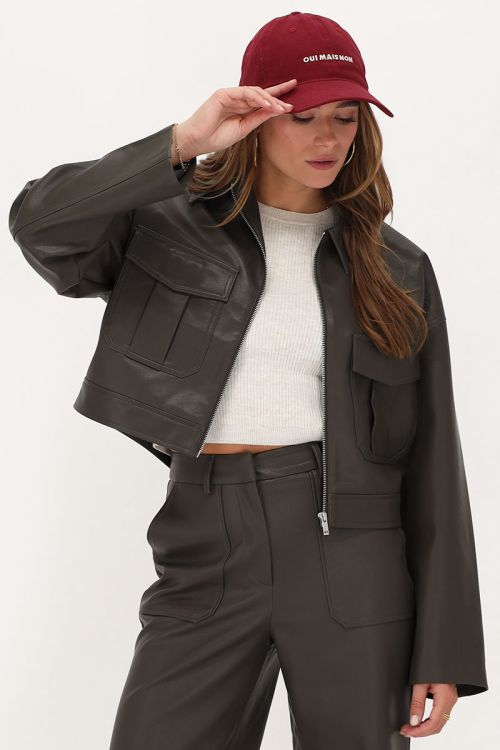 Donkergroen leather look jasje met zakken