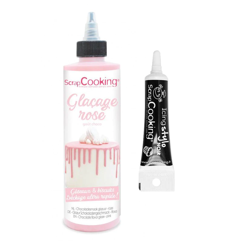 Glaçage goût chocolat 130 g rose + Stylo de glaçage noir Scrapcooking