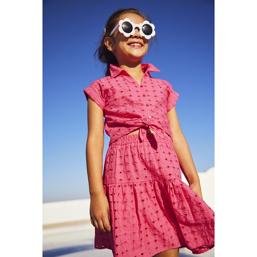 Chemise manches courtes en broderie anglaise pour fille - Fuchsia