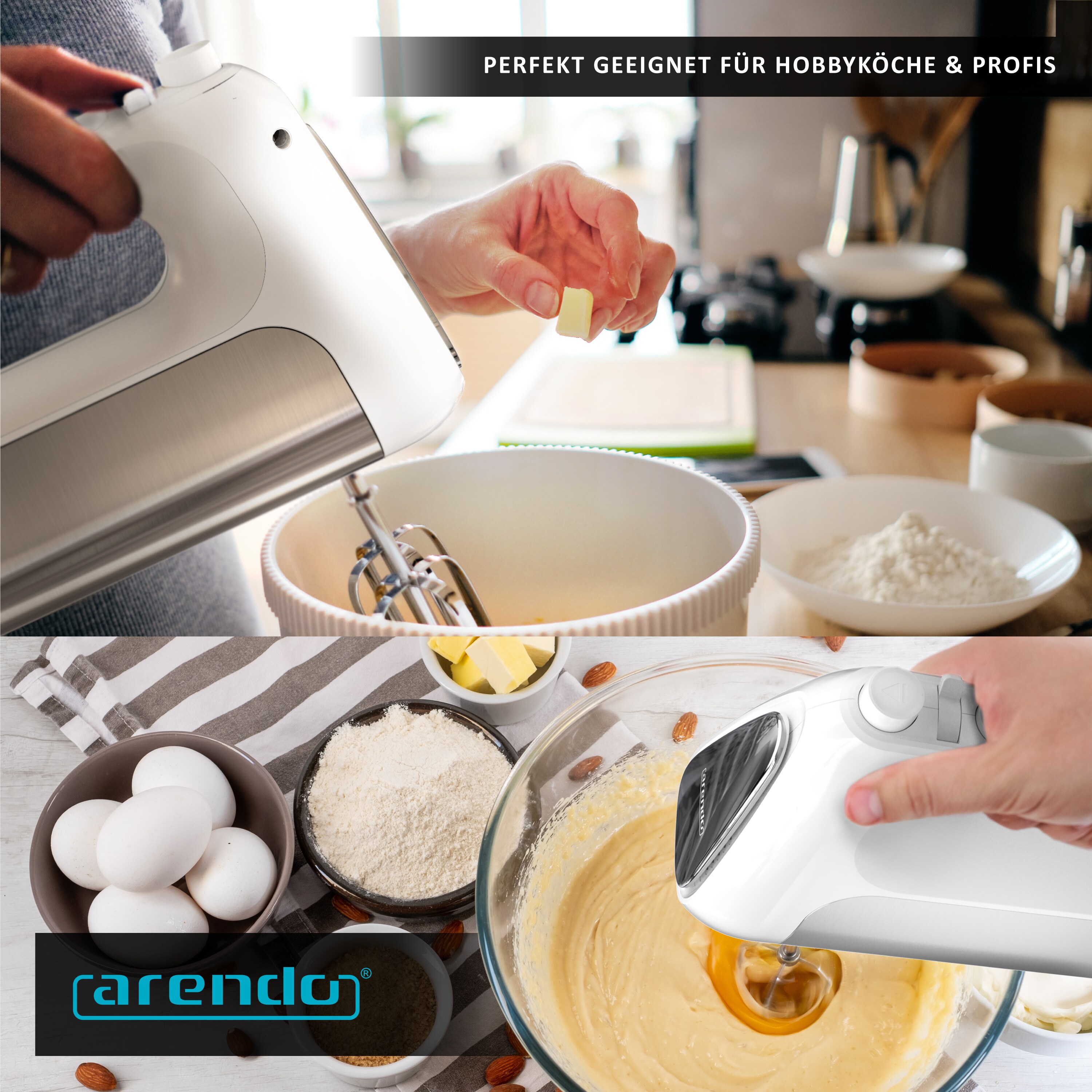 Arendo Elektrischer Handmixer Handrührer - inkl. 2 Quirle und 2 Knethaken aus Edelstahl - Handrührgerät - Hakenentriegelung - Turbotaste