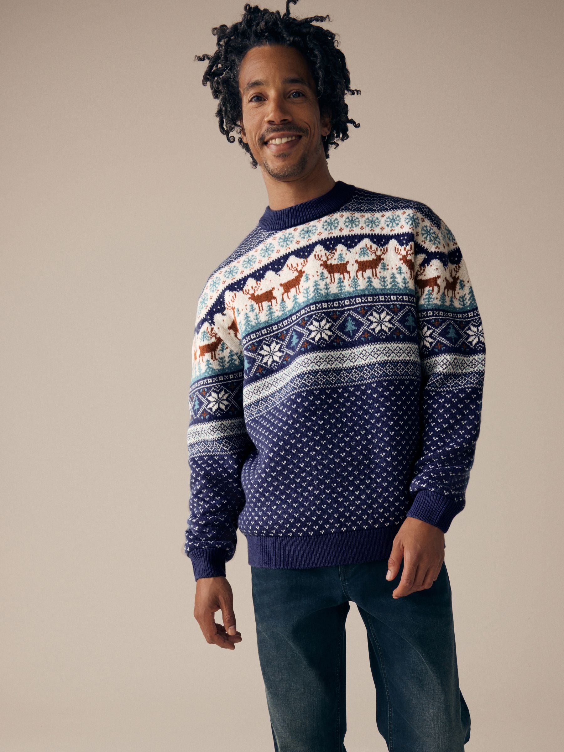 Donkerblauw - Matching Family kersttrui voor heren met rendiermotief en Fairisle-patroon