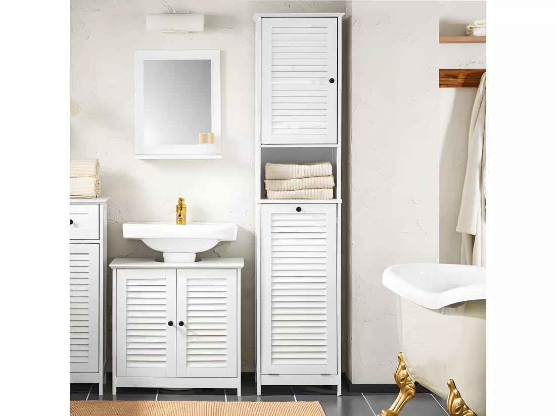 SoBuy Meuble Colonne de Salle de Bain, Placard Armoire Toilette Haute, Meuble de Salle de Bain, Meuble de Rangement avec 1 Porte, 1 Tiroir et 1 Panier à Linge Amovible, 40x38x170cm, BZR124-W