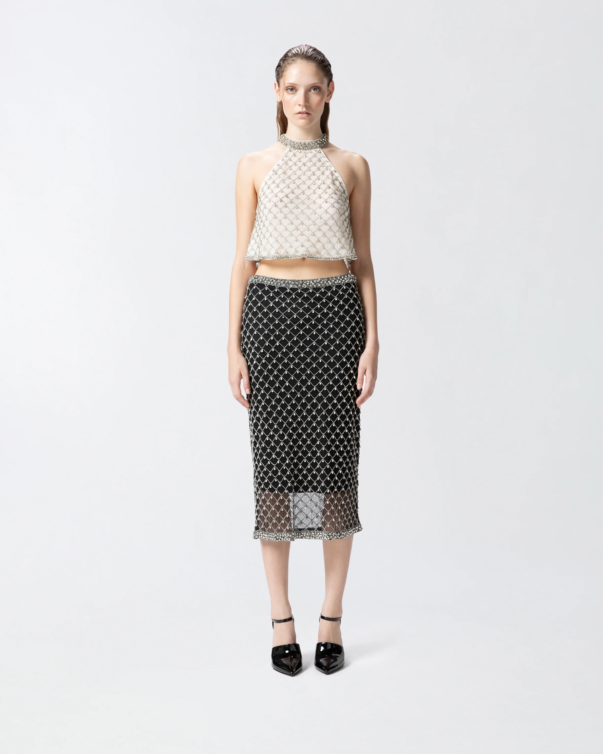 Jupe en tulle avec broderie de cristaux | Transparent