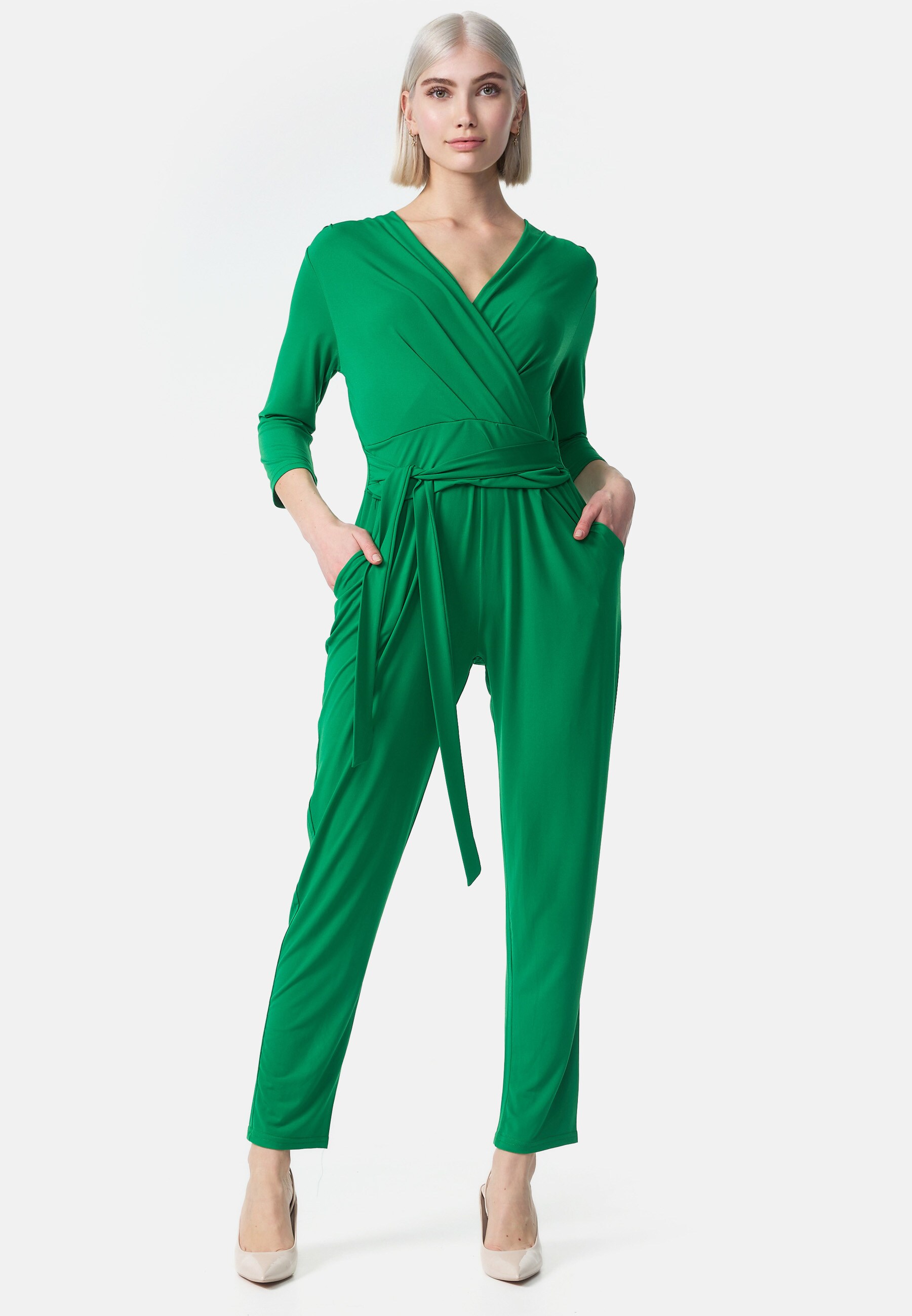 PM SELECTED Damen Overall Business Jumpsuit Wickeloptik mit Bindegürtel 3/4 Ärmel in Einheitsgröße PM35