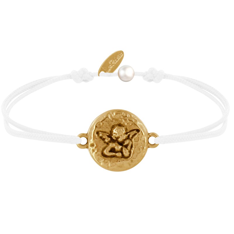 Bracelet Lien Médaille Ronde Martelée Laiton Doré Ange Raphaël - Blanc