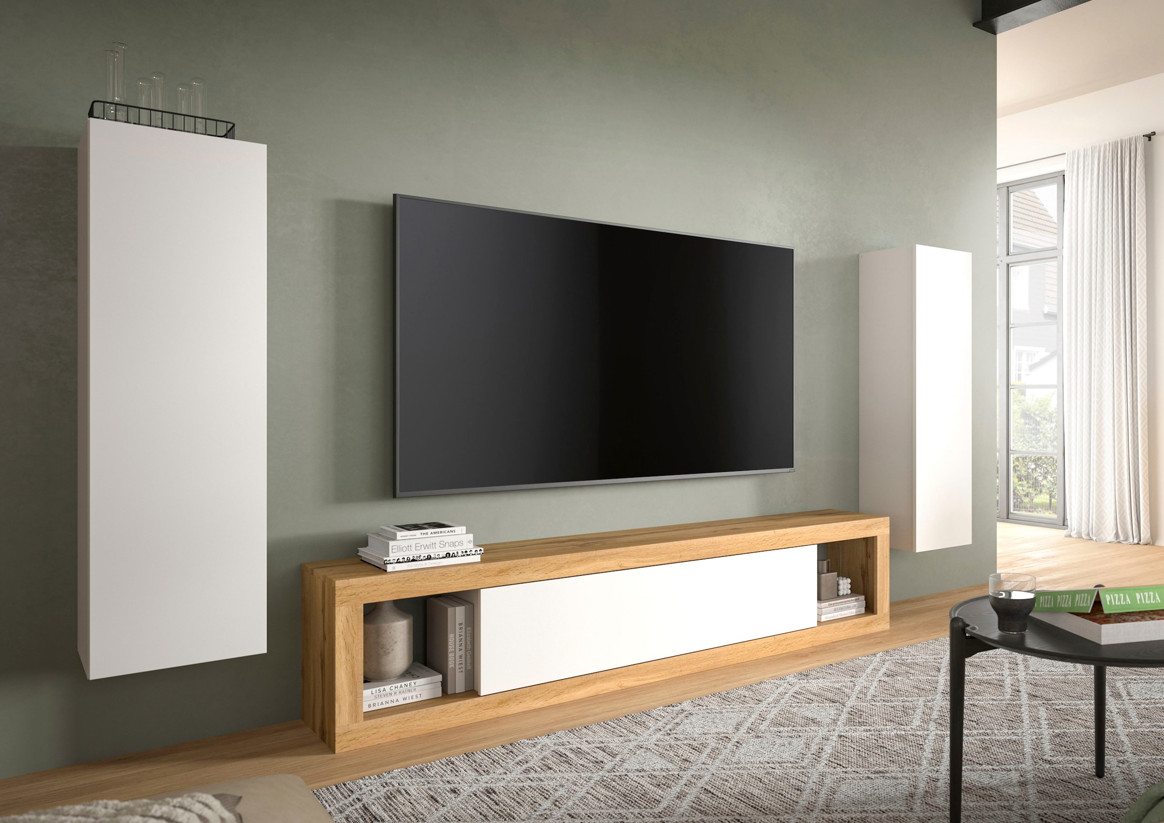 INOSIGN Lowboard »Trinity, Breite 180 cm, stehend und hängend, 1 Klappe,« 2 offene Fächer, grifflose Fronten, TV-Möbel, TV Schrank, Hängeschrank