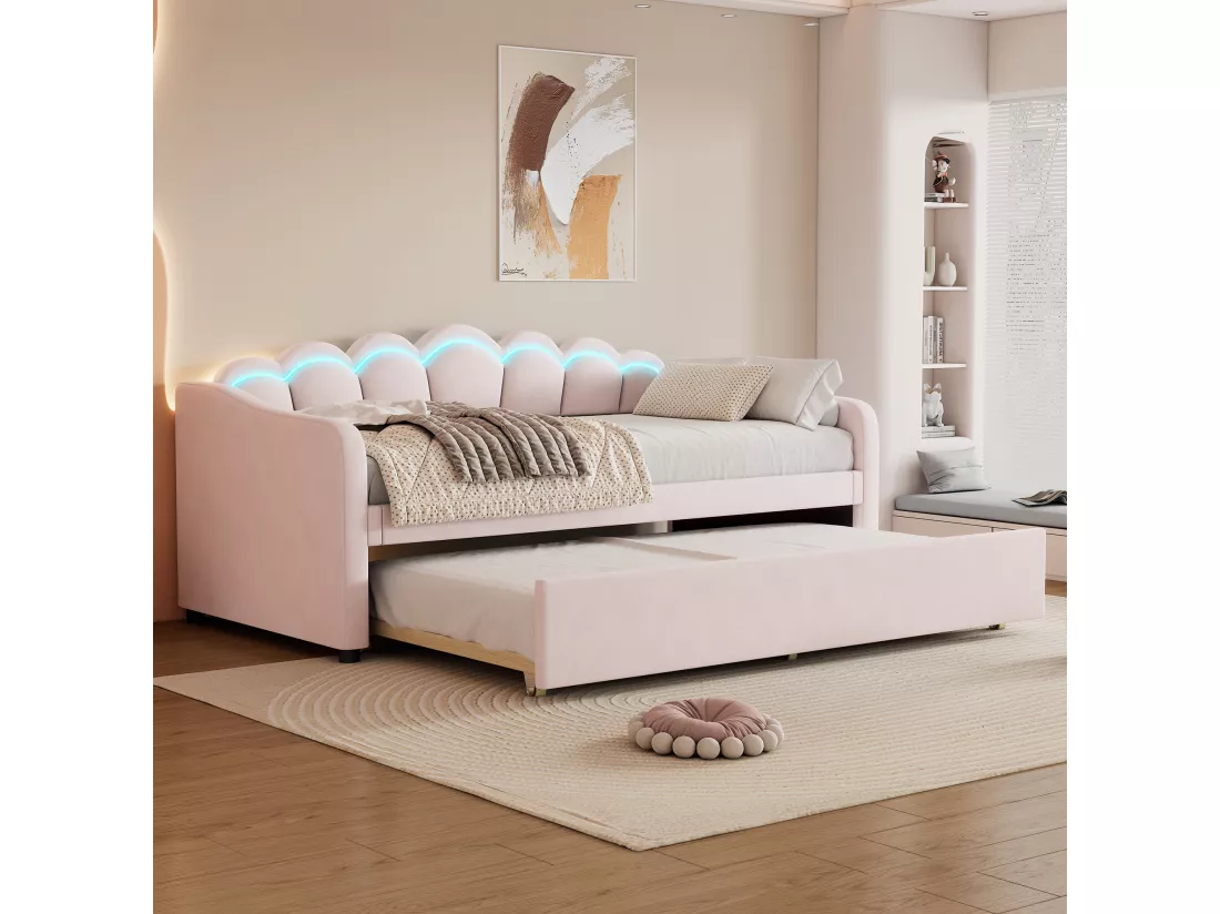 Lit gigogne 90 x 200 cm + lit 90 x 190 cm, canapé-lit - velours - LEDs - coloris rose (sans matelas)