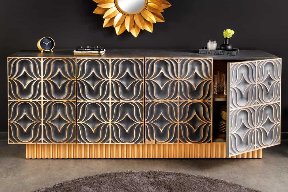 Handgefertigtes Sideboard PIAZZA SAN MARCO 180cm grau gold Mangoholz massiv 3D-Design