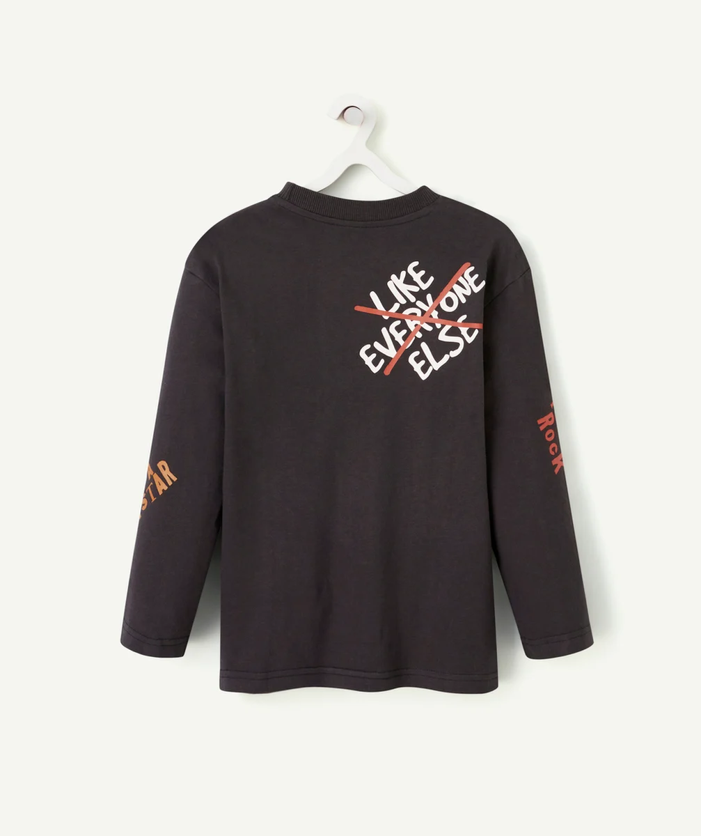 T-SHIRT GARÇON EN COTON BIO GRIS FONCÉ AVEC MESSAGES THÈME ROCK