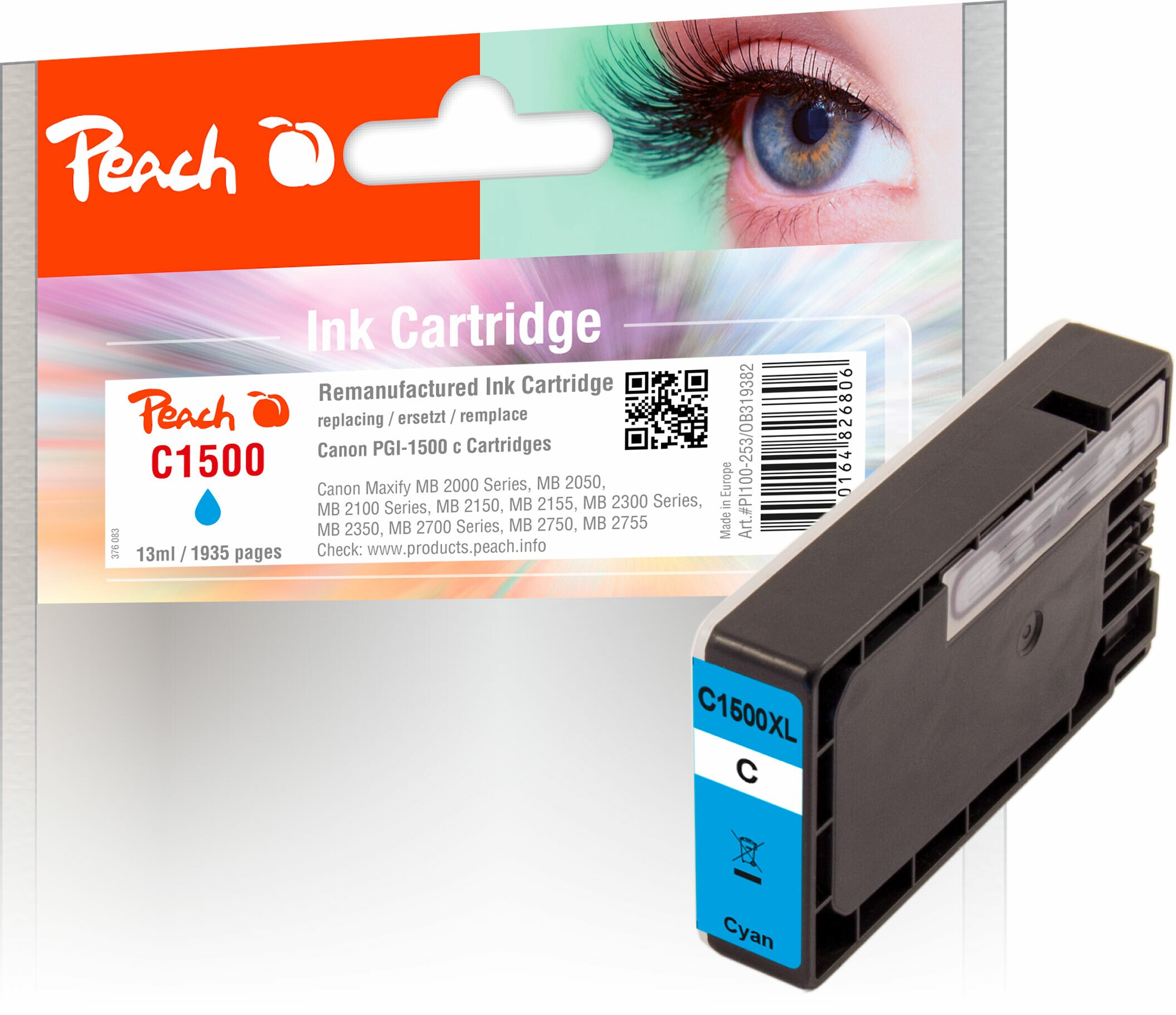 Peach C1500 XLC Druckerpatrone XL cy ersetzt Canon PGI-1500XLC, 9193B001 für z.B. Canon Maxify MB 2750, Canon Maxify MB 2700, Canon Maxify MB 2350 (wiederaufbereitet)