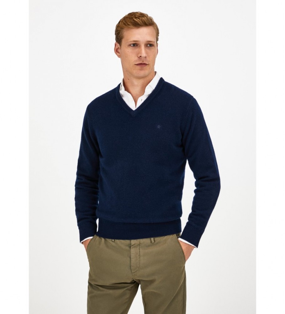 Suéter Hackett azul-marinho de lã de cordeiro com decote em V