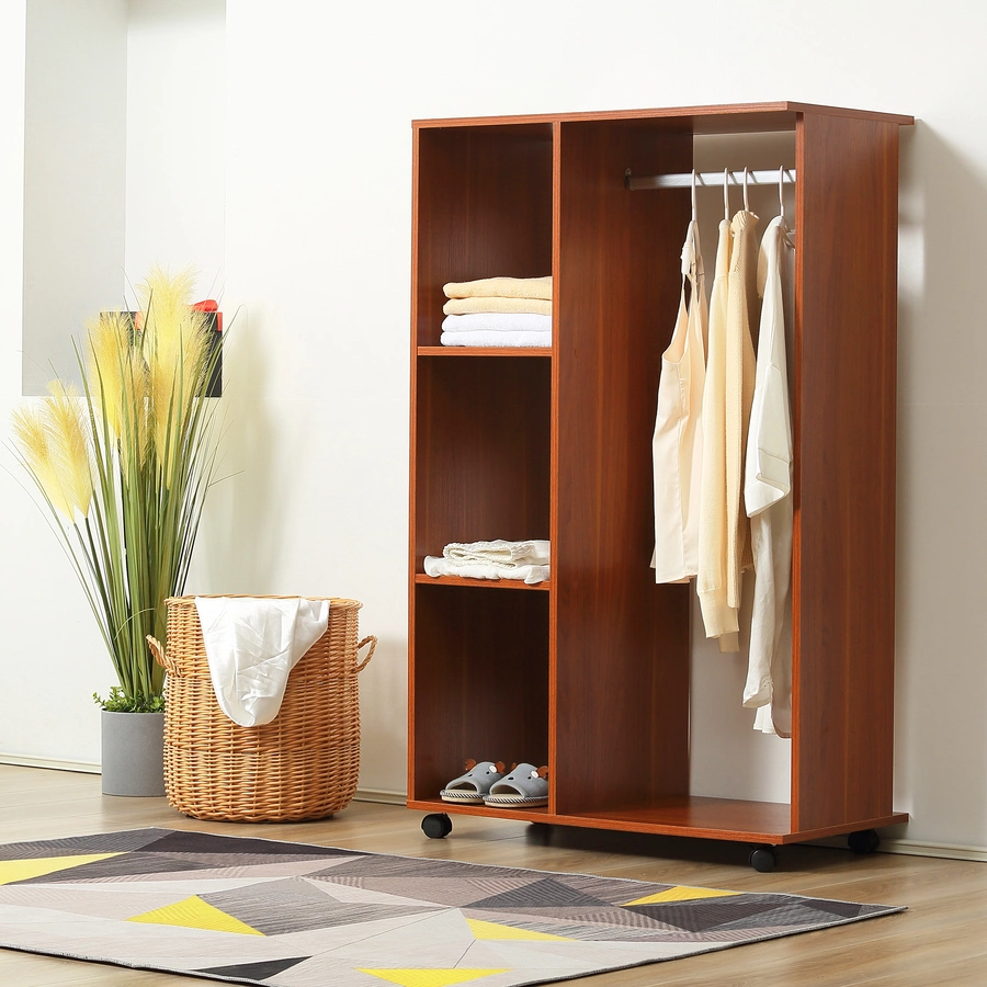 HOMCOM Kleiderschrank mit 4 Rädern und offenem Regalen natur