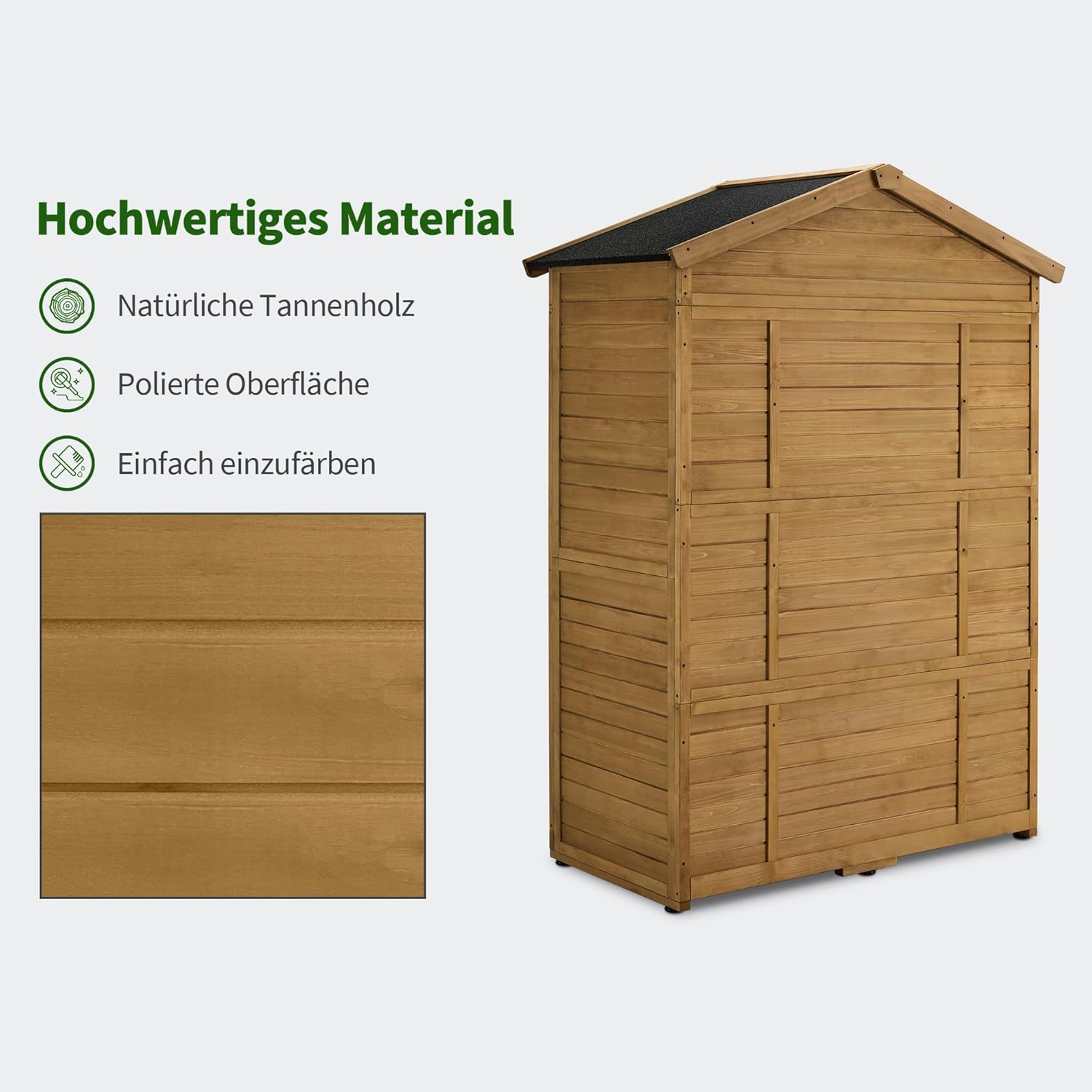M MCombo Gartenschrank Gartenhaus Holz Wetterfest, Geräteschrank Holzschrank Outdoor Wasserdicht Begehbar, für Außenbereich Balkon Terrasse, Gerätehaus mit 6 Feste Regale 74×143×200 cm (Natur)