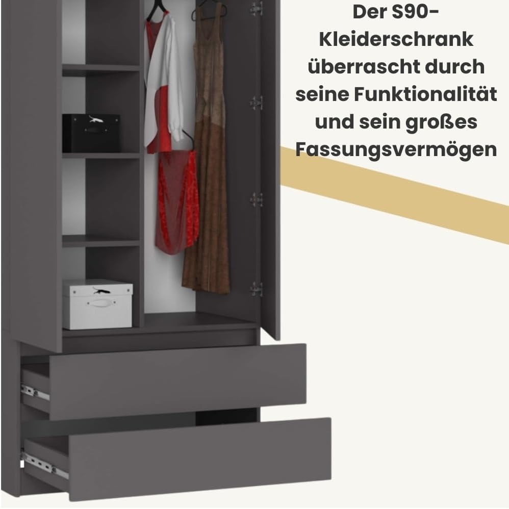 AKORD Zweitüriger Kleiderschrank S 90 cm 2 Schubladen mit Regalen und Einer Kleiderstange für EIN Schlafzimmer Kleiderschränke Minimalistischer Stil Schichtstoffplatte 16 mm | Graphitgrau