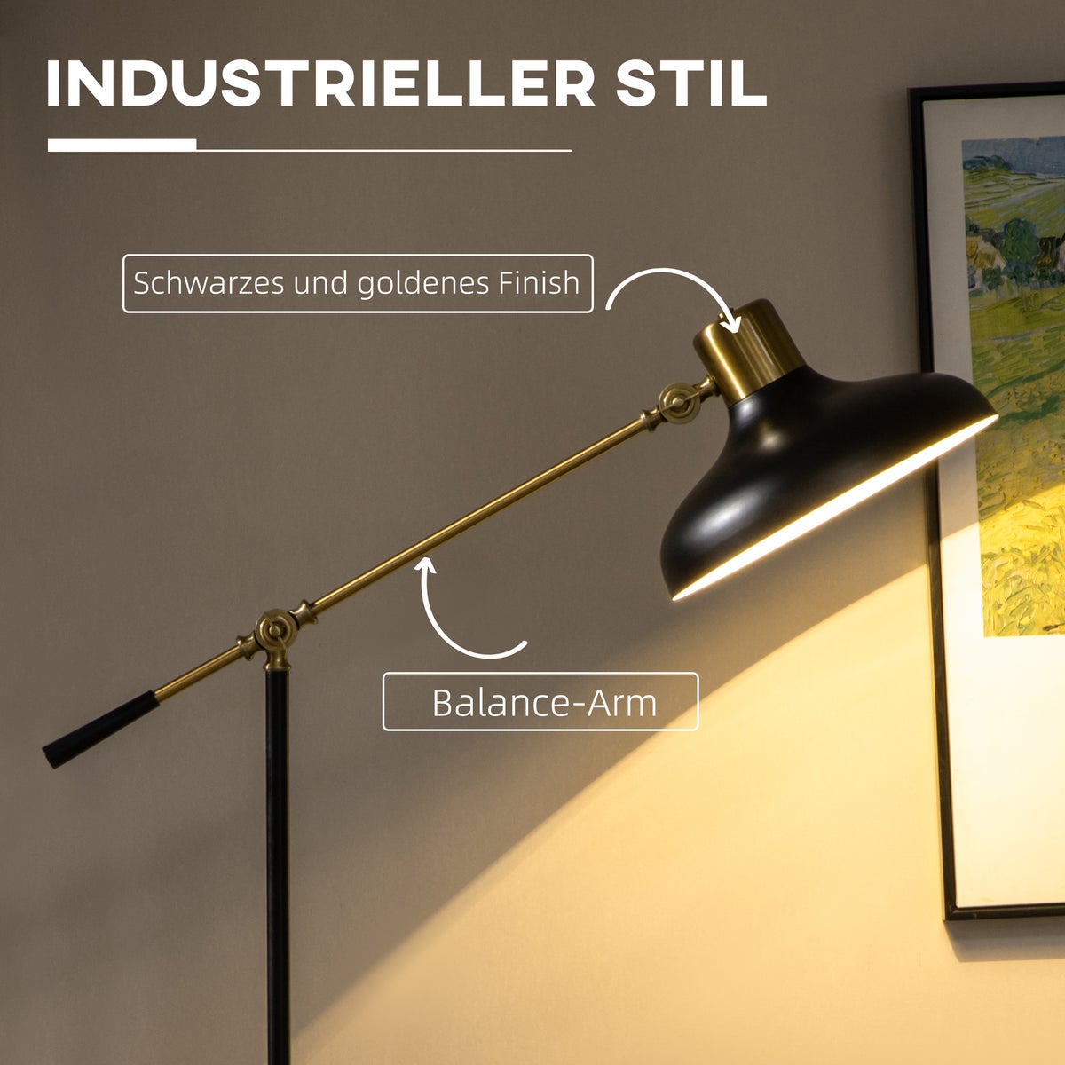 HOMCOM Staande lamp, 80L x 30B x 124-165H cm, Metaal, Zwart