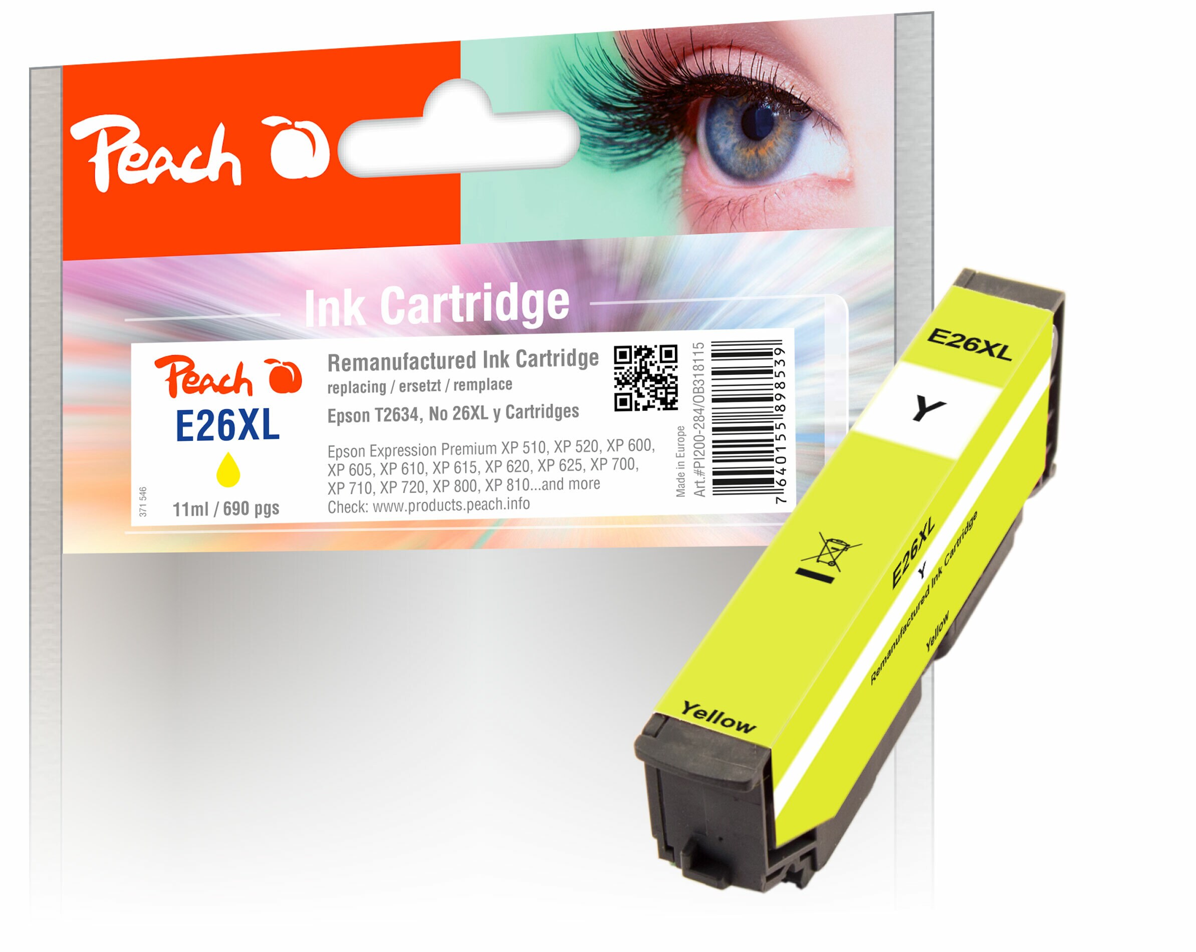 Peach E26 XLy Druckerpatrone XL ye ersetzt Epson No. 26XL y, C13T26344010 für z.B. Epson Expression Premium XP -510 (wiederaufbereitet)
