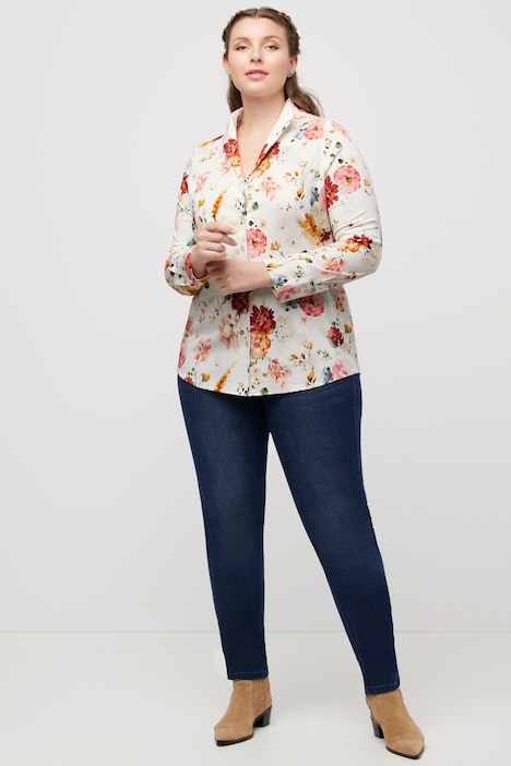 Bluse, Blumen, Kelchkragen, V-Ausschnitt, Langarm