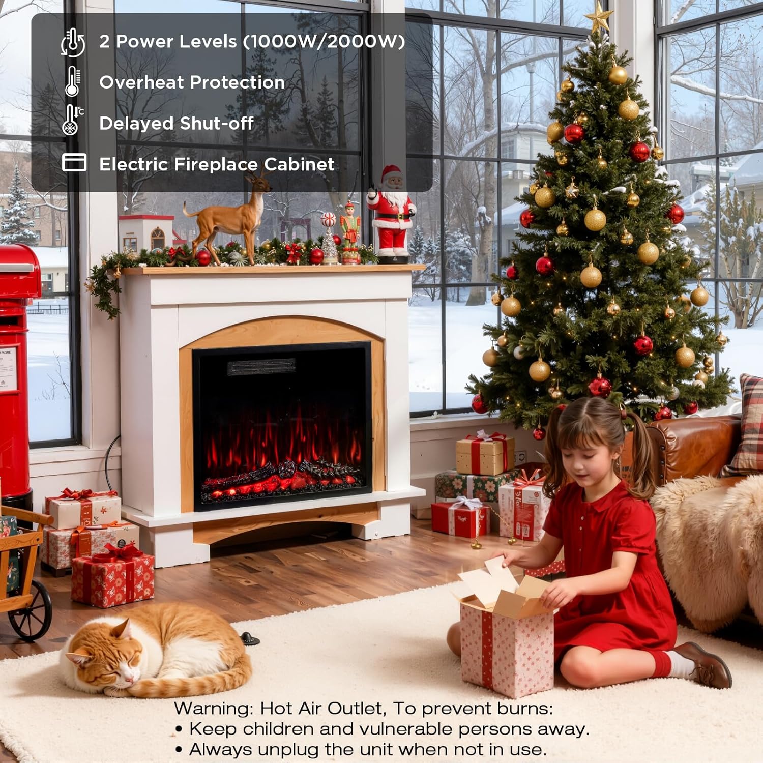 23 Zoll Elektrokamin, 1000W/2000W Elektrokamin mit Heizung, 12 3D-Flammenfarben, 4 Holzfeuerfarben, Fernbedienung, inklusive Schrank