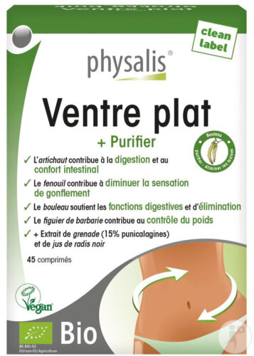 Physalis Ventre Plat + Purifier Digestion/Contrôle Poids Artichaut/Fenouil Bio Végan 45 Comprimés