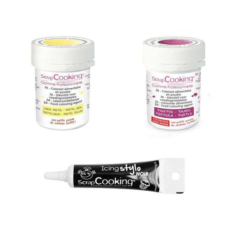 2 colorants alimentaires pourpre-jaune pastel + Stylo glaçage noir Scr