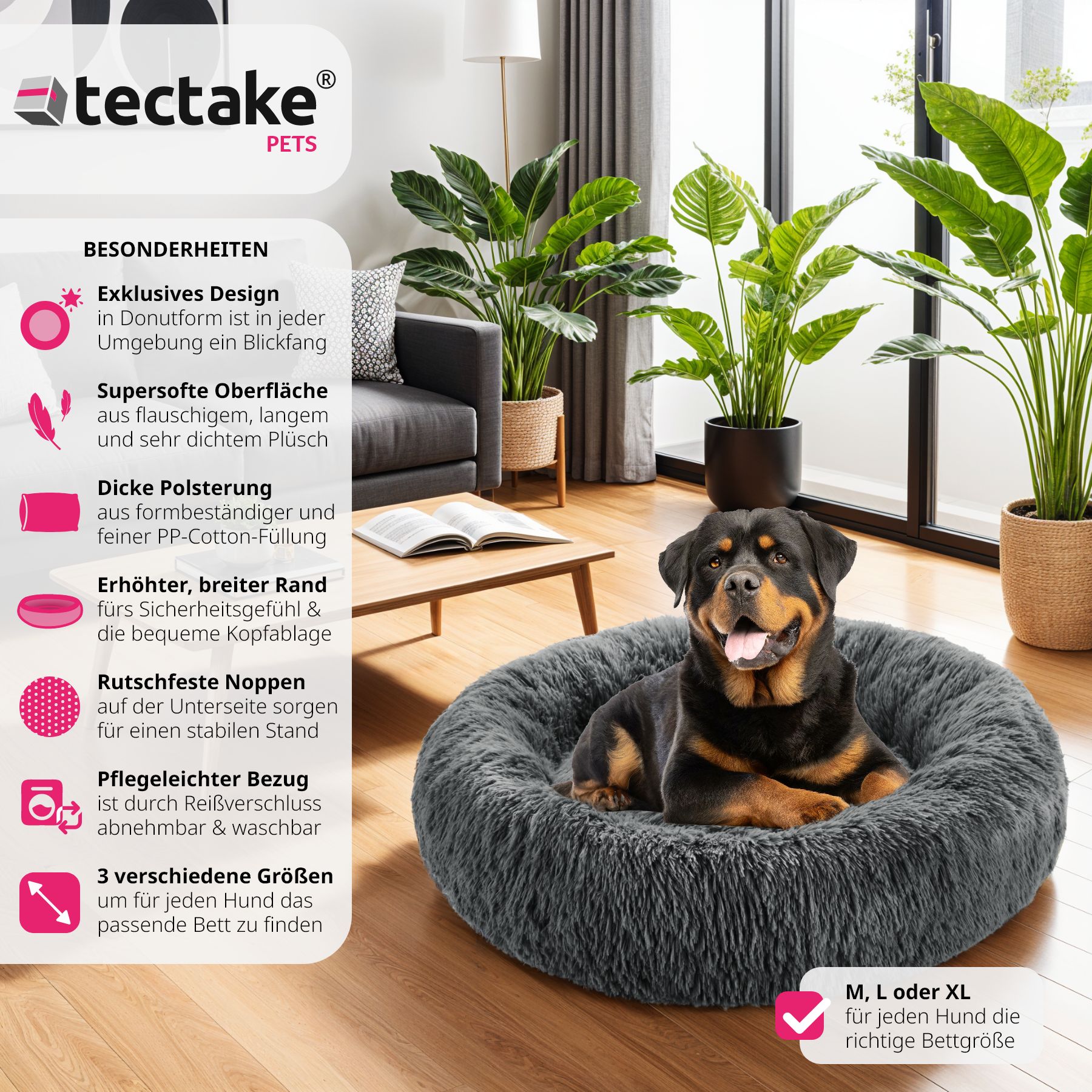 tectake® Hundebett, rund mit langem Plüsch, rutschfeste Unterseite, waschbar