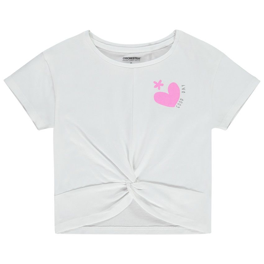 T-shirt manches courtes printé et effet noué pour fille - Blanc