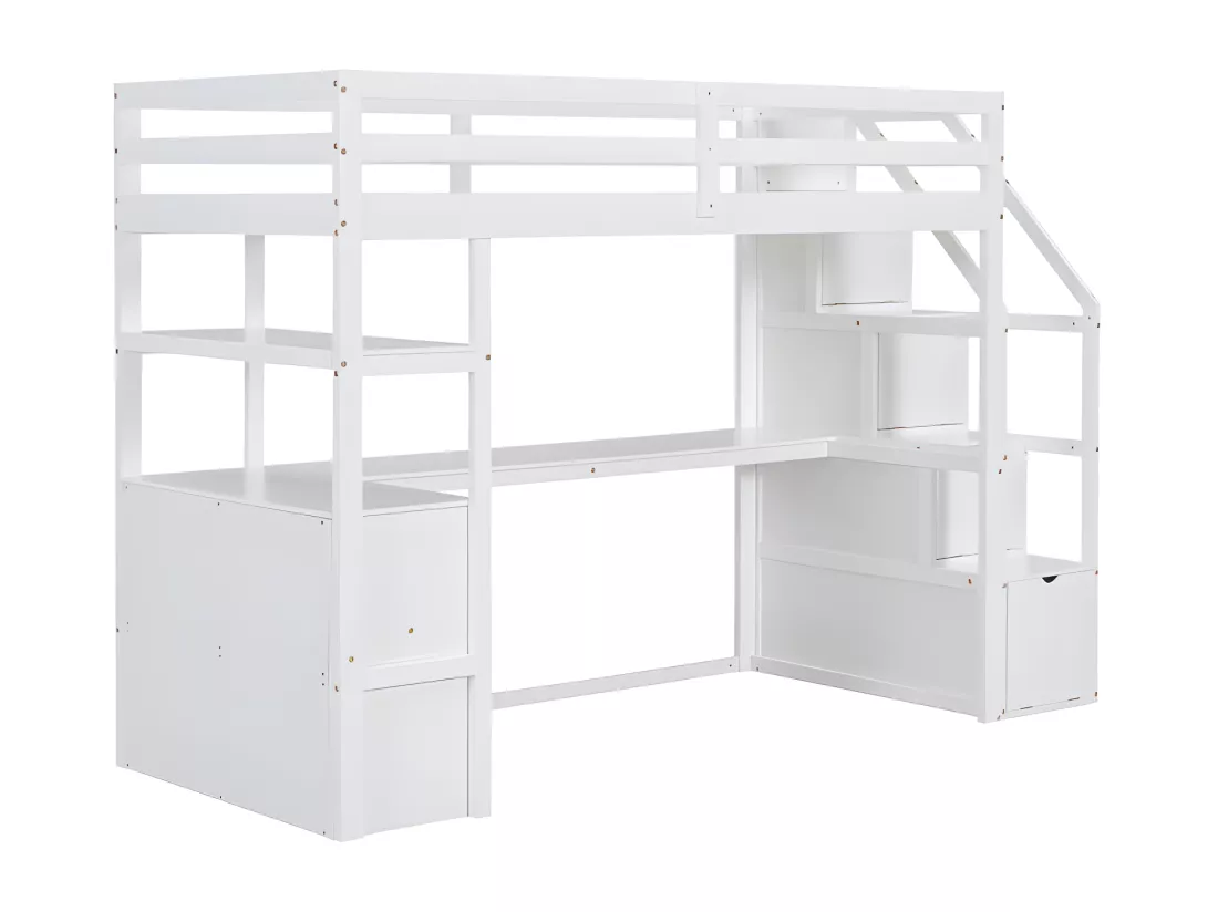 Lit mezzanine 90x200 cm - avec bureau et échelle de rangement - Blanc