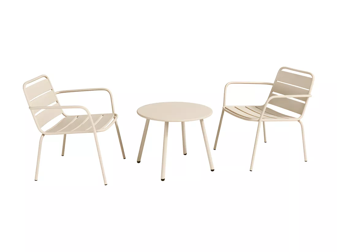 Salon de jardin en métal - 2 fauteuils bas empilables et une table d'appoint ronde - Beige - MIRMANDE de MYLIA