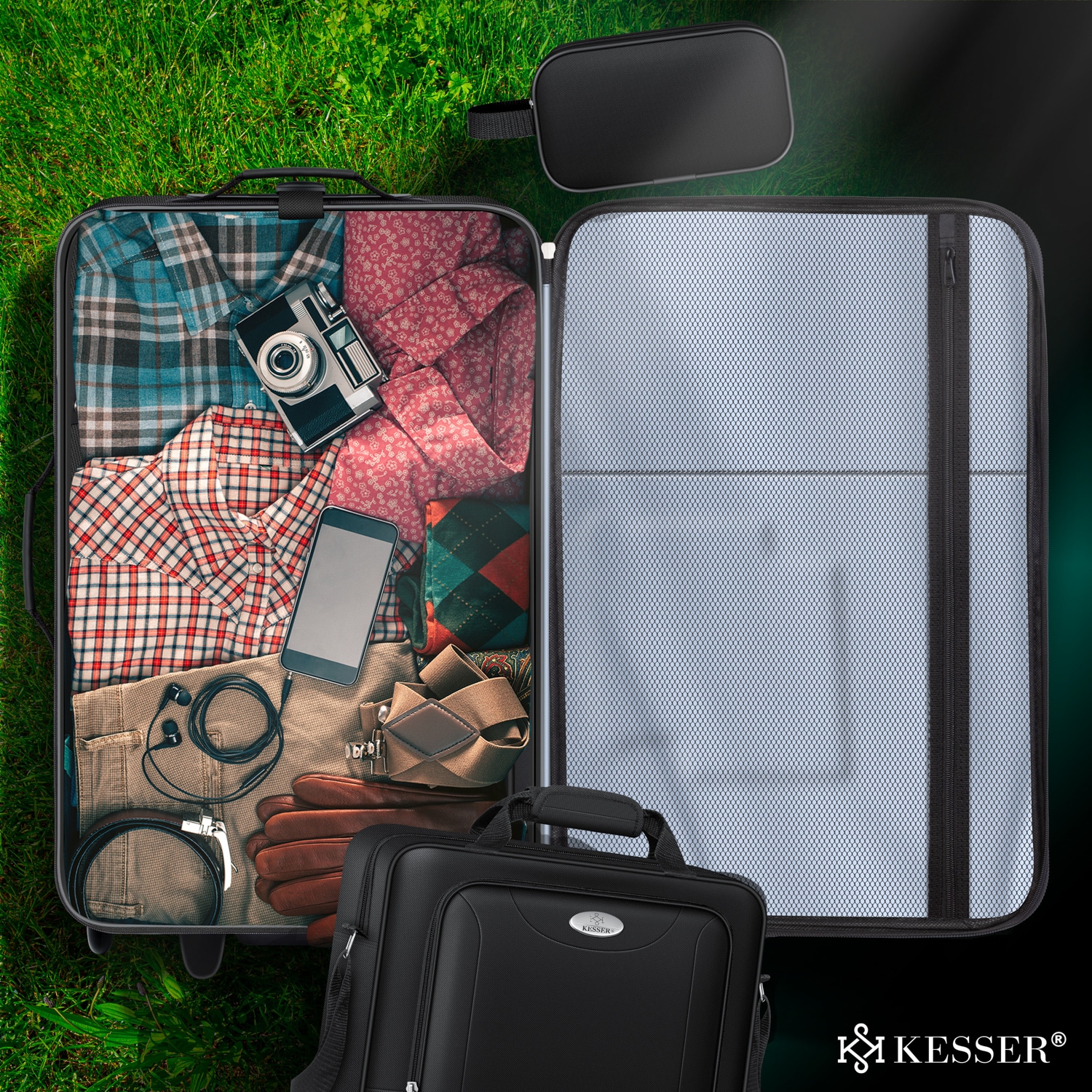 KESSER® 4tlg Trolley Kofferset | Reisekoffer Setmit Rollen | Komplettes Business 4er Set | S M L XL | Netzfach | Rollen | Teleskopgriff | Koffer Reisetaschen Stoffkoffer | Handgepäck |