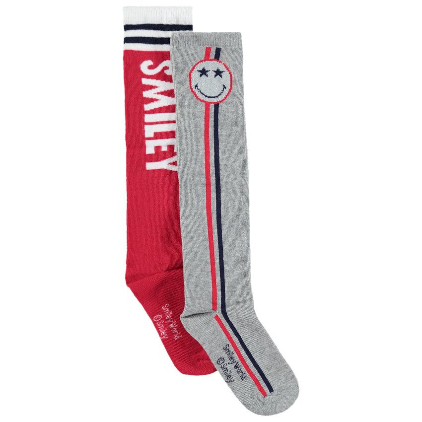 Junior - Lot de 2 paires de chaussettes hautes motif Smiley en jacquard - Rouge