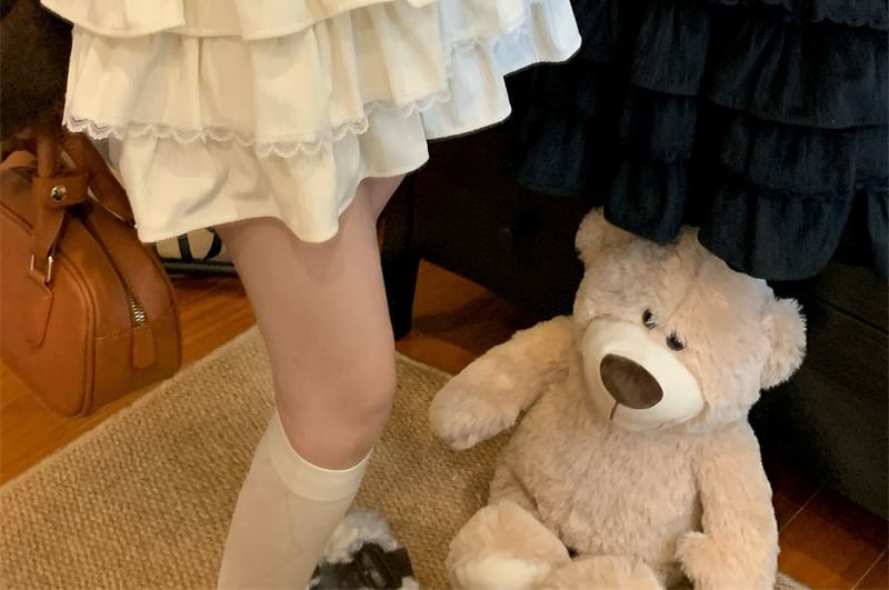 ZENME - Balletcore elastische taille effen gelaagde fluwelen mini A-lijn rok met kantafwerking