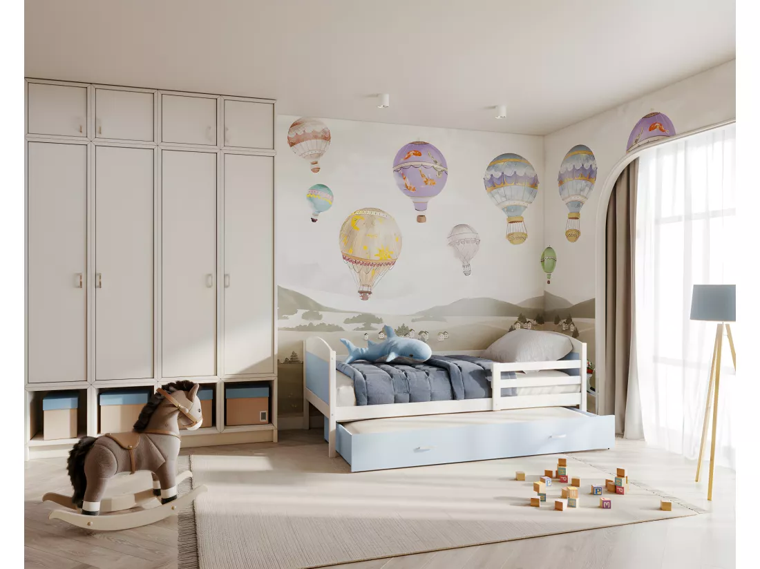 Lit Gigogne Mateo 90x190 Blanc - bleu Livré avec sommiers, tiroir et matelas en mousse de 7cm