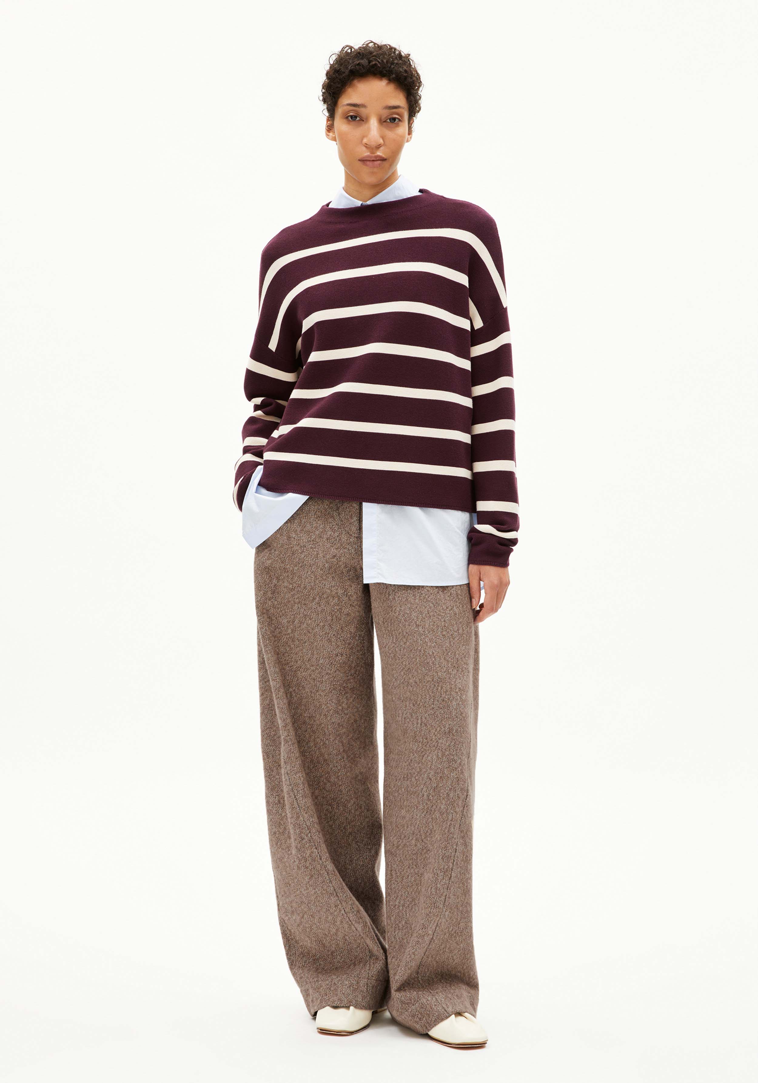 Armedangels Strickpullover Merinaa Stripes Dark Cranberry-Oatmilk