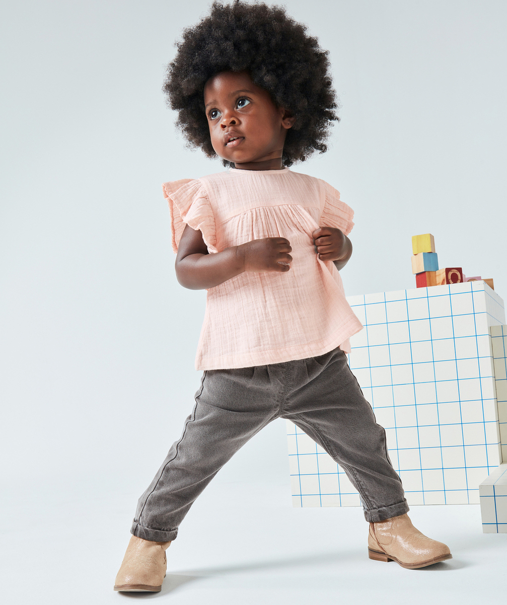 PANTALON RELAX BÉBÉ FILLE EN DENIM LOW IMPACT GRIS