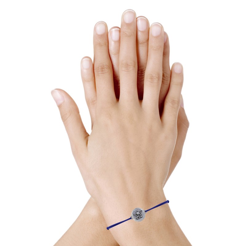Bracelet Lien Médaille Ronde Martelée Laiton Argenté Ange Raphaël - Bleu Navy