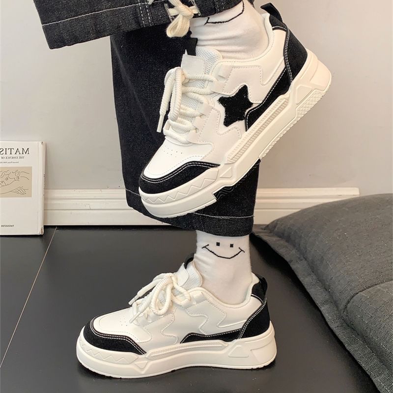 caneik - Platform Star Patterned Panel Sneakers