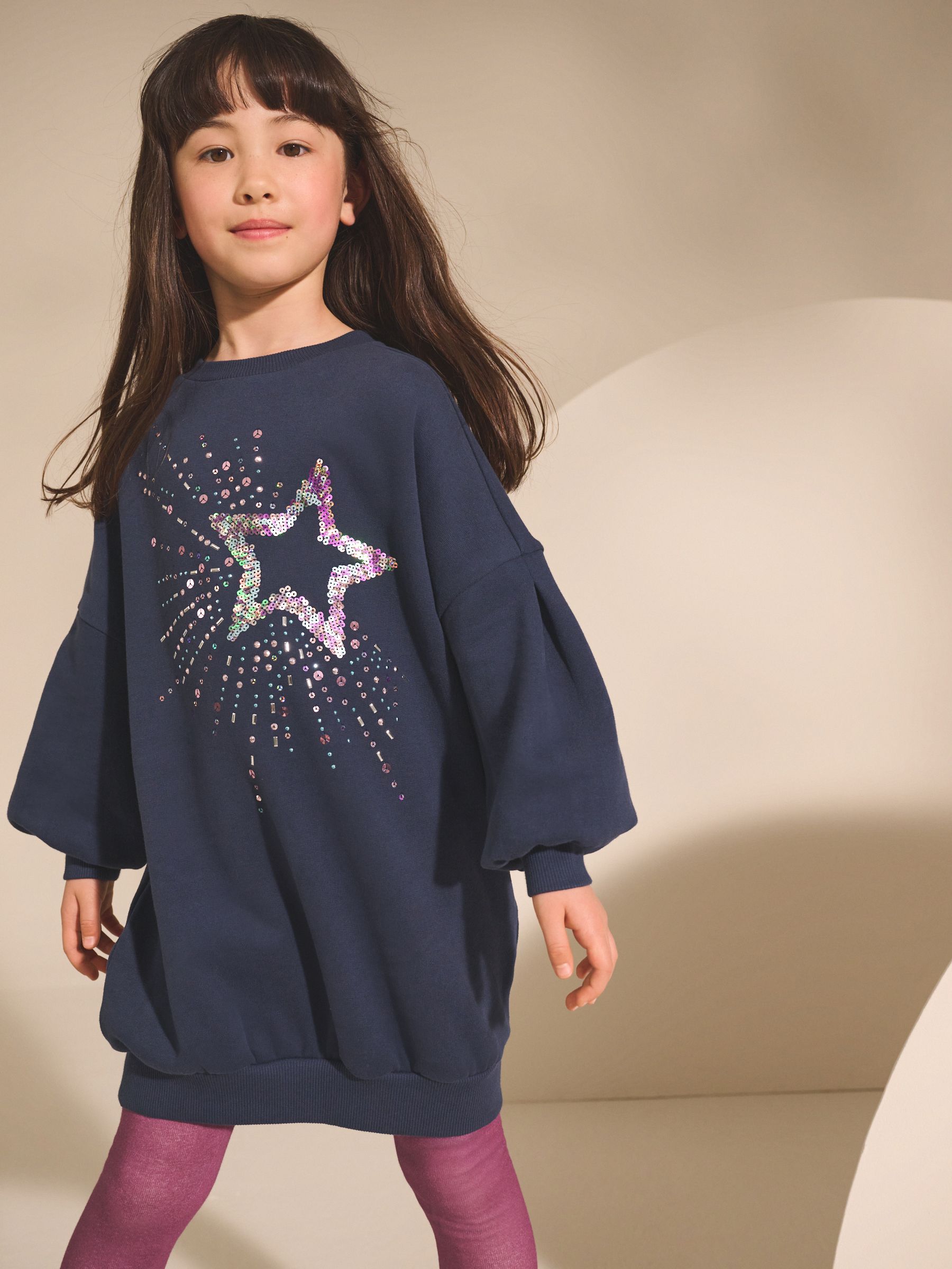 Marineblauw met lovertjes en sterrenprint - Trui-jurk (3-16 jr)