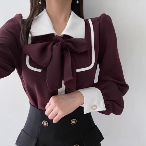 MELLO - Blouse met lange mouwen, kraag en linthals in twee kleuren