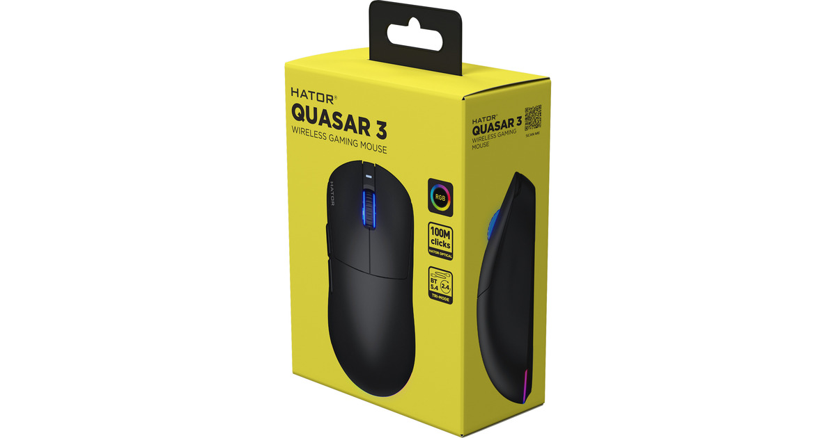 HatorQuasar 3 Wireless gaming muis  (Zwart, 400 - 12.000 DPI, RGB, 2.4GHz / Bluetooth 5.1 / USB)